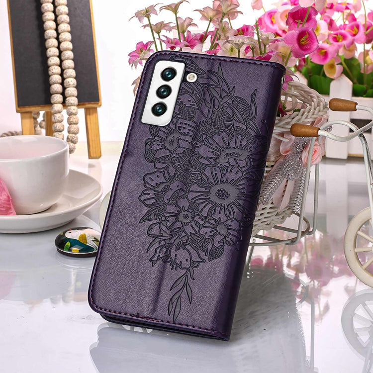 For Samsung Galaxy S22 5G Embossed Butterfly Leather Phone Case with Holder & Card Slot & Wallet & Lanyard
