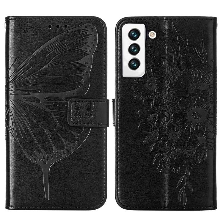 For Samsung Galaxy S22 5G Embossed Butterfly Leather Phone Case with Holder & Card Slot & Wallet & Lanyard