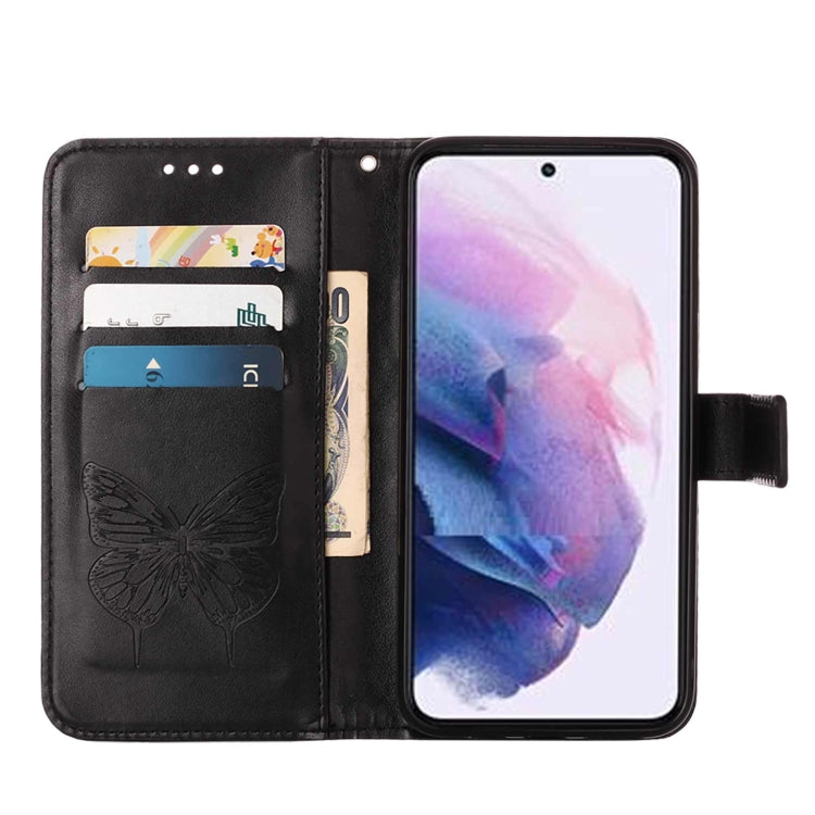 For Samsung Galaxy S22 5G Embossed Butterfly Leather Phone Case with Holder & Card Slot & Wallet & Lanyard