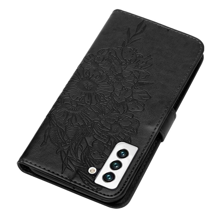 For Samsung Galaxy S22 5G Embossed Butterfly Leather Phone Case with Holder & Card Slot & Wallet & Lanyard