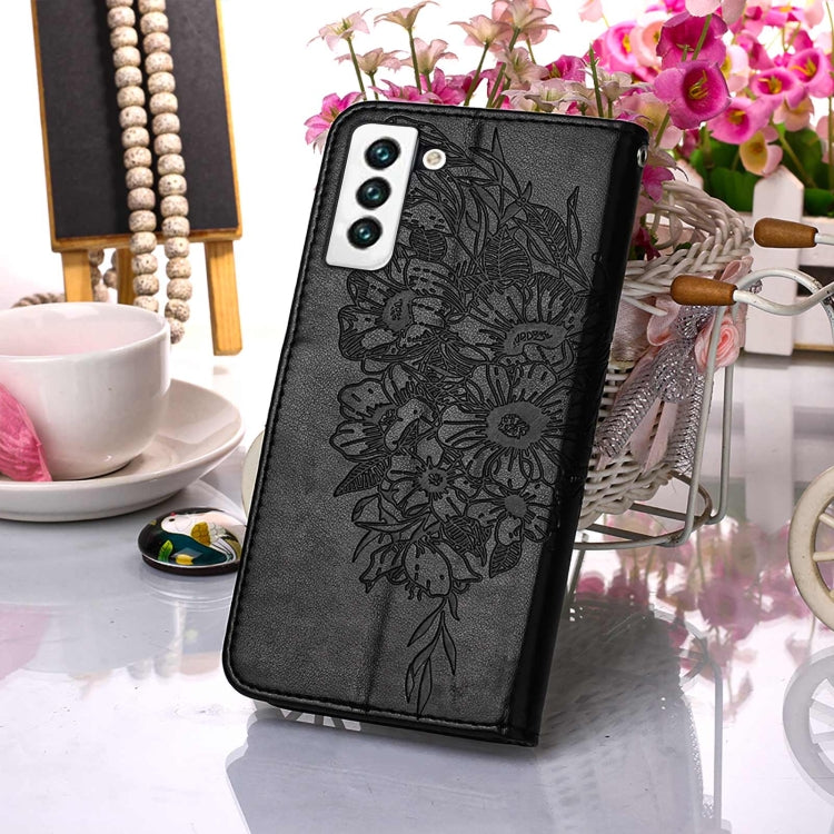 For Samsung Galaxy S22 5G Embossed Butterfly Leather Phone Case with Holder & Card Slot & Wallet & Lanyard