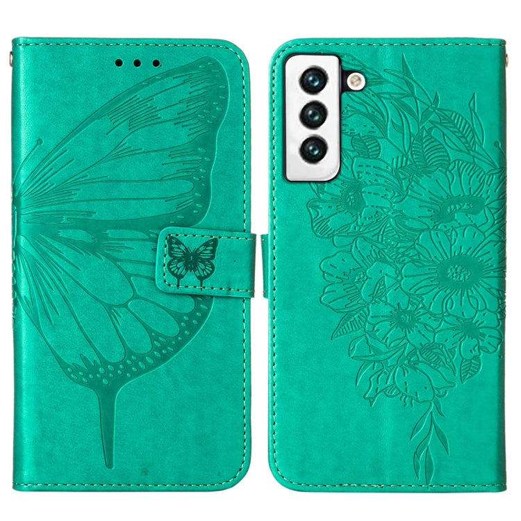 For Samsung Galaxy S22 5G Embossed Butterfly Leather Phone Case with Holder & Card Slot & Wallet & Lanyard