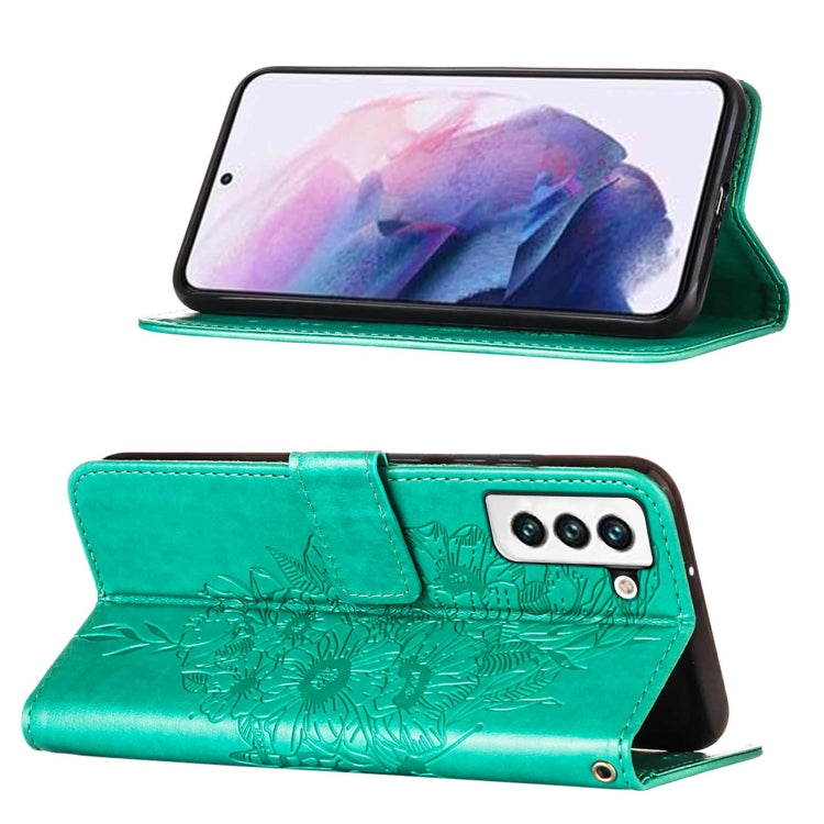 For Samsung Galaxy S22 5G Embossed Butterfly Leather Phone Case with Holder & Card Slot & Wallet & Lanyard