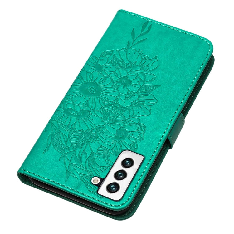 For Samsung Galaxy S22 5G Embossed Butterfly Leather Phone Case with Holder & Card Slot & Wallet & Lanyard