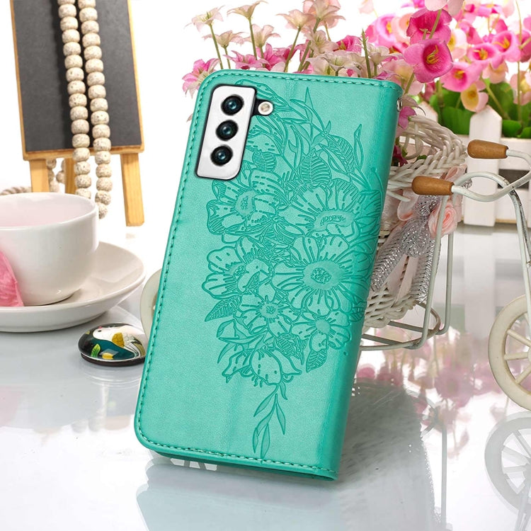 For Samsung Galaxy S22 5G Embossed Butterfly Leather Phone Case with Holder & Card Slot & Wallet & Lanyard
