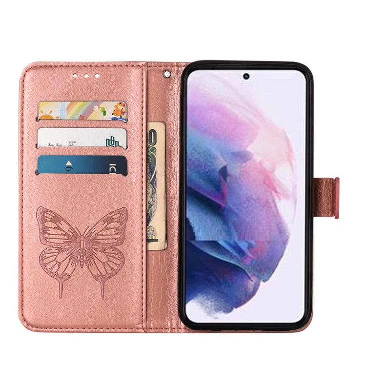 For Samsung Galaxy S22 5G Embossed Butterfly Leather Phone Case with Holder & Card Slot & Wallet & Lanyard
