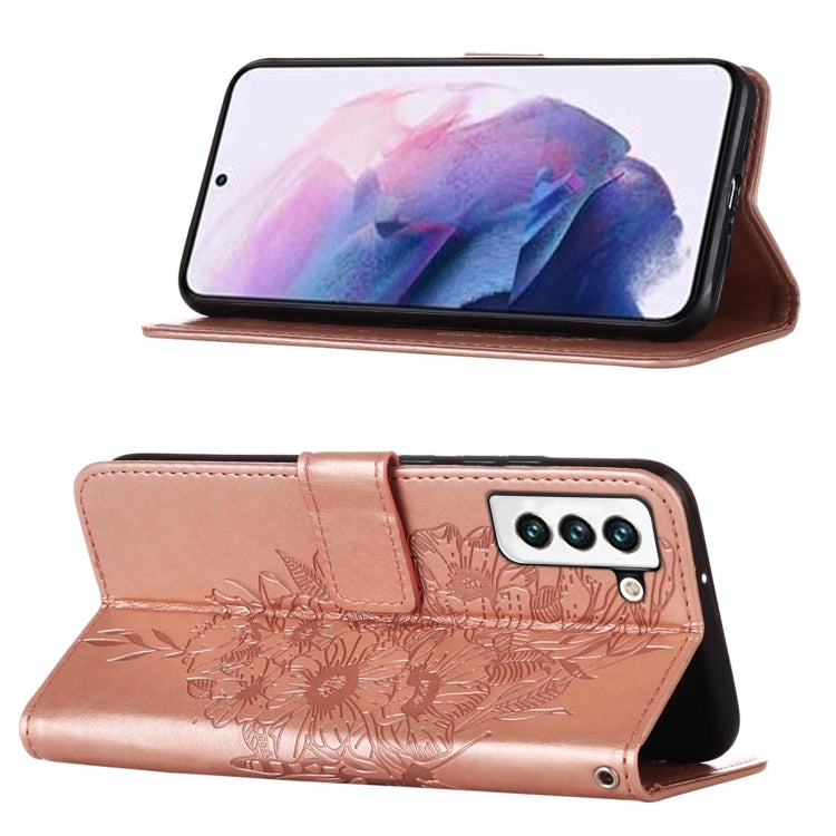 For Samsung Galaxy S22 5G Embossed Butterfly Leather Phone Case with Holder & Card Slot & Wallet & Lanyard