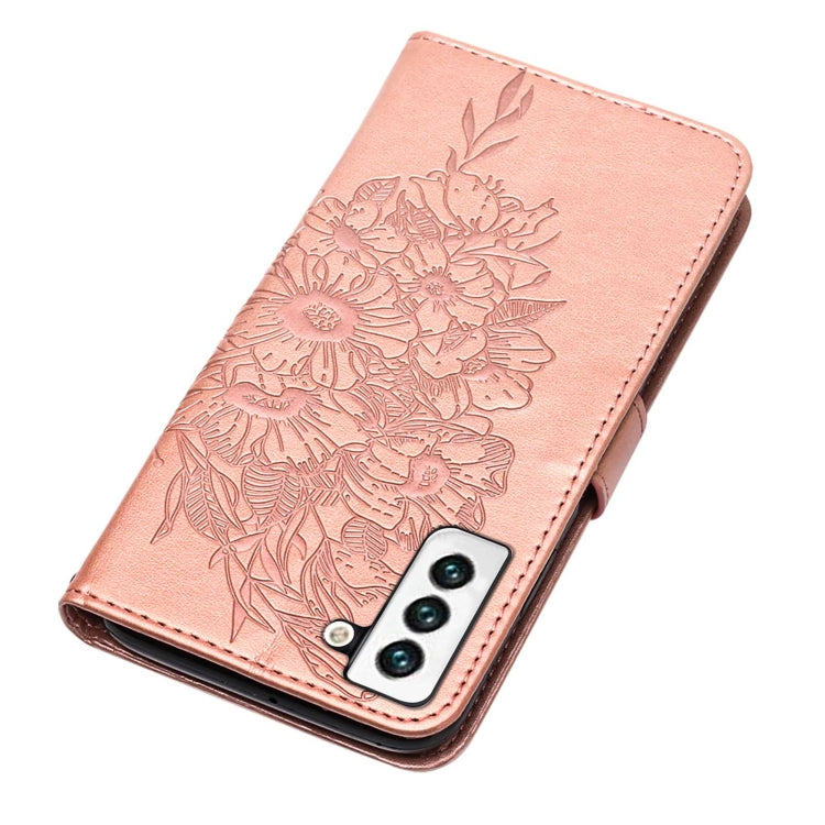 For Samsung Galaxy S22 5G Embossed Butterfly Leather Phone Case with Holder & Card Slot & Wallet & Lanyard