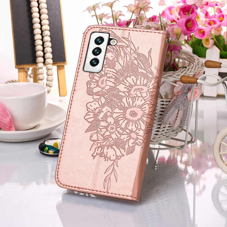 For Samsung Galaxy S22 5G Embossed Butterfly Leather Phone Case with Holder & Card Slot & Wallet & Lanyard