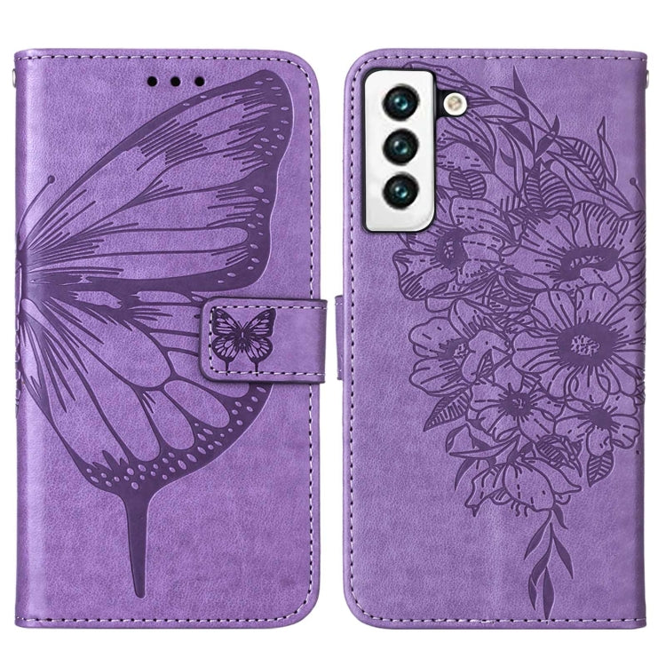 For Samsung Galaxy S22 5G Embossed Butterfly Leather Phone Case with Holder & Card Slot & Wallet & Lanyard