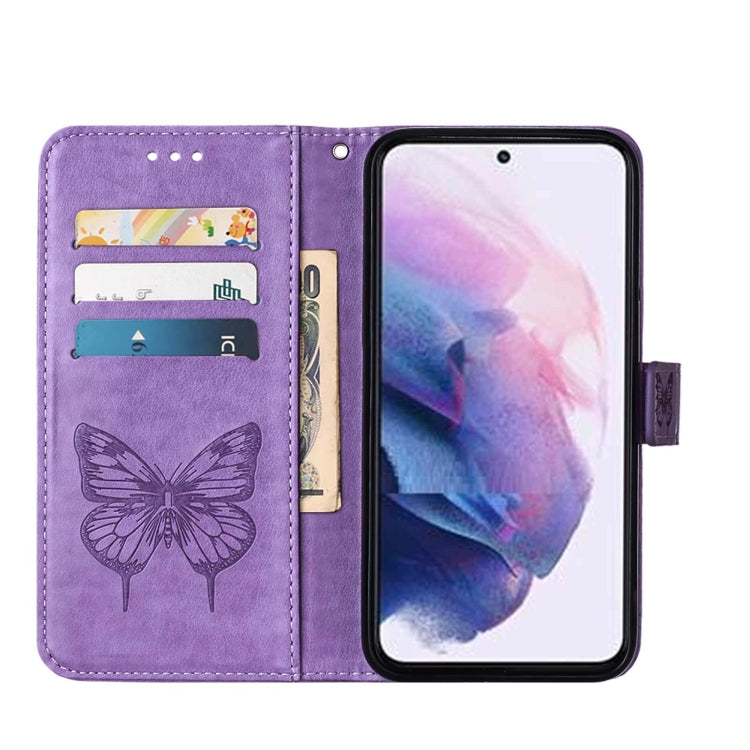 For Samsung Galaxy S22 5G Embossed Butterfly Leather Phone Case with Holder & Card Slot & Wallet & Lanyard