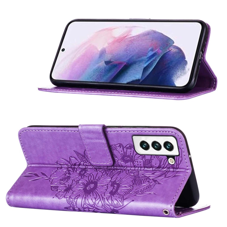 For Samsung Galaxy S22 5G Embossed Butterfly Leather Phone Case with Holder & Card Slot & Wallet & Lanyard