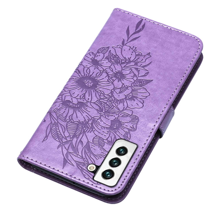 For Samsung Galaxy S22 5G Embossed Butterfly Leather Phone Case with Holder & Card Slot & Wallet & Lanyard