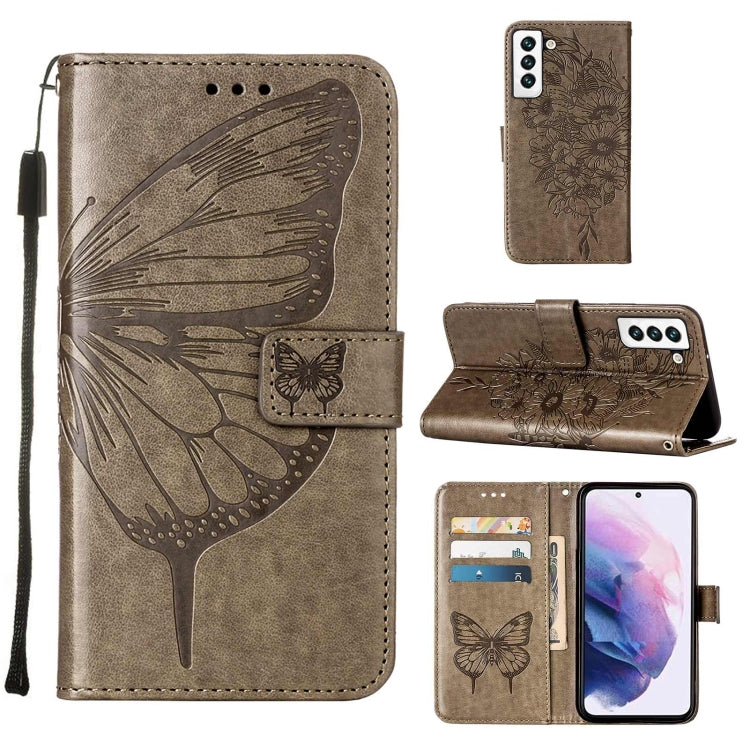 For Samsung Galaxy S22 5G Embossed Butterfly Leather Phone Case with Holder & Card Slot & Wallet & Lanyard