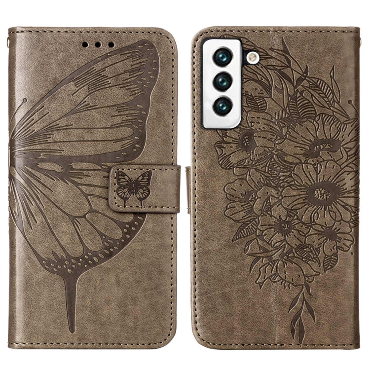 For Samsung Galaxy S22 5G Embossed Butterfly Leather Phone Case with Holder & Card Slot & Wallet & Lanyard