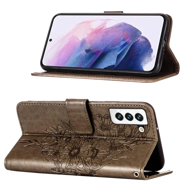 For Samsung Galaxy S22 5G Embossed Butterfly Leather Phone Case with Holder & Card Slot & Wallet & Lanyard