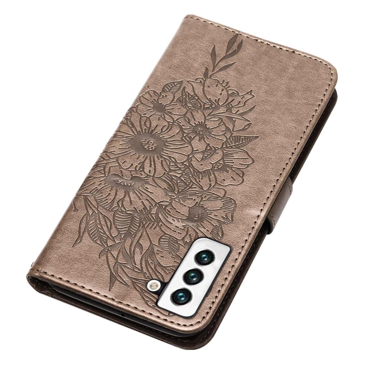 For Samsung Galaxy S22 5G Embossed Butterfly Leather Phone Case with Holder & Card Slot & Wallet & Lanyard
