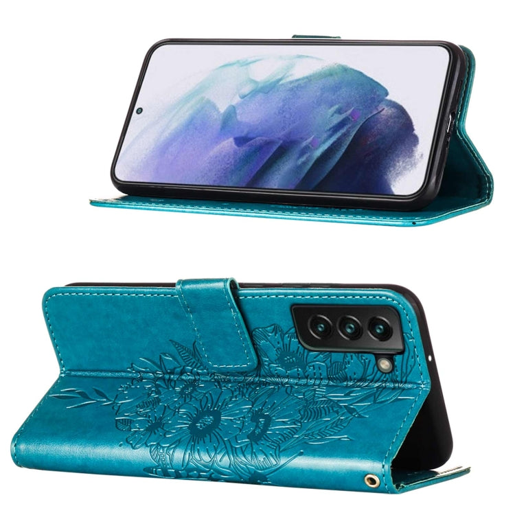 For Samsung Galaxy S22+ 5G Embossed Butterfly Leather Phone Case with Holder & Card Slot & Wallet & Lanyard