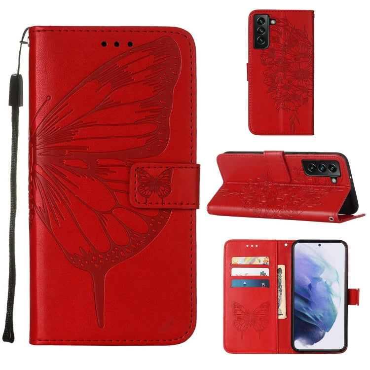 For Samsung Galaxy S22+ 5G Embossed Butterfly Leather Phone Case with Holder & Card Slot & Wallet & Lanyard