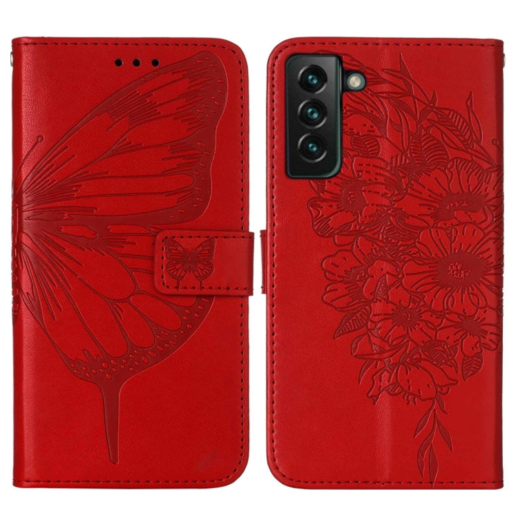 For Samsung Galaxy S22+ 5G Embossed Butterfly Leather Phone Case with Holder & Card Slot & Wallet & Lanyard