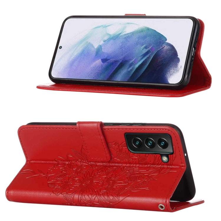 For Samsung Galaxy S22+ 5G Embossed Butterfly Leather Phone Case with Holder & Card Slot & Wallet & Lanyard