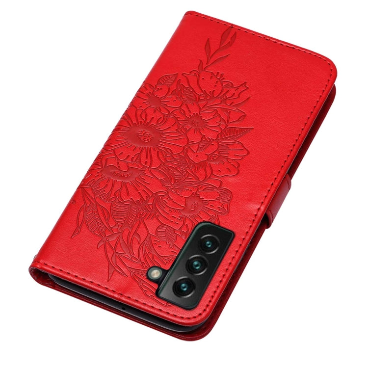 For Samsung Galaxy S22+ 5G Embossed Butterfly Leather Phone Case with Holder & Card Slot & Wallet & Lanyard