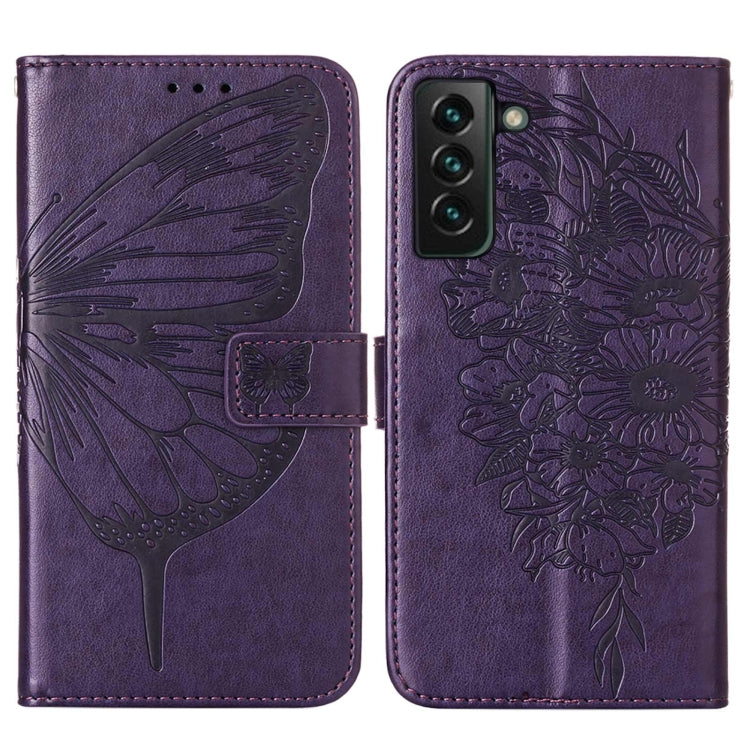 For Samsung Galaxy S22+ 5G Embossed Butterfly Leather Phone Case with Holder & Card Slot & Wallet & Lanyard