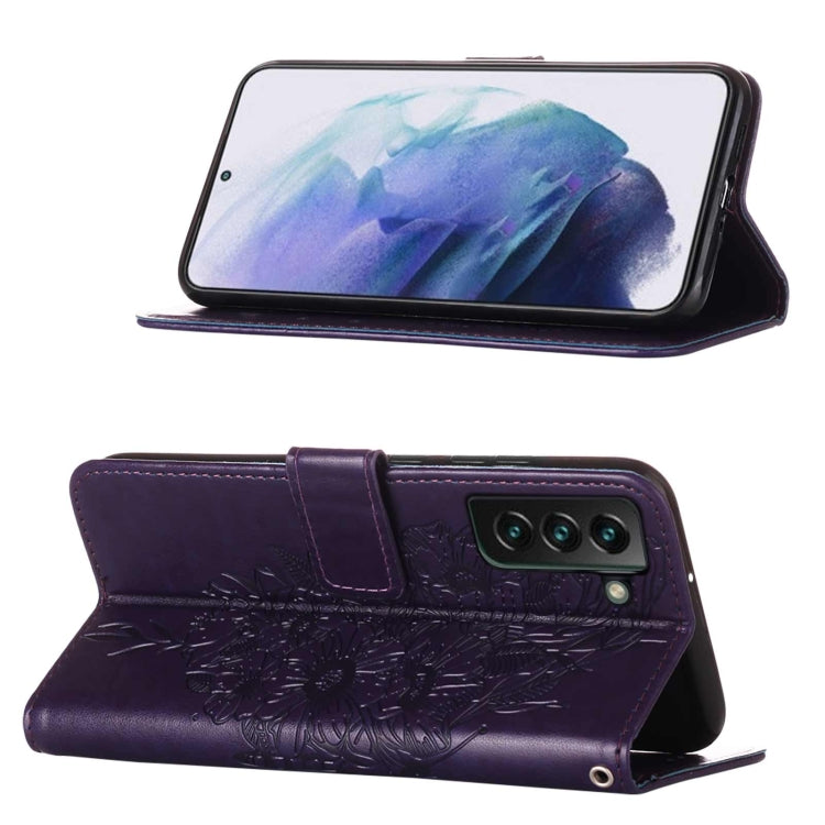For Samsung Galaxy S22+ 5G Embossed Butterfly Leather Phone Case with Holder & Card Slot & Wallet & Lanyard