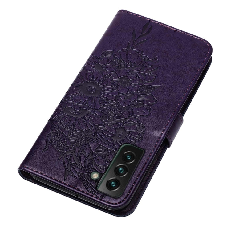 For Samsung Galaxy S22+ 5G Embossed Butterfly Leather Phone Case with Holder & Card Slot & Wallet & Lanyard