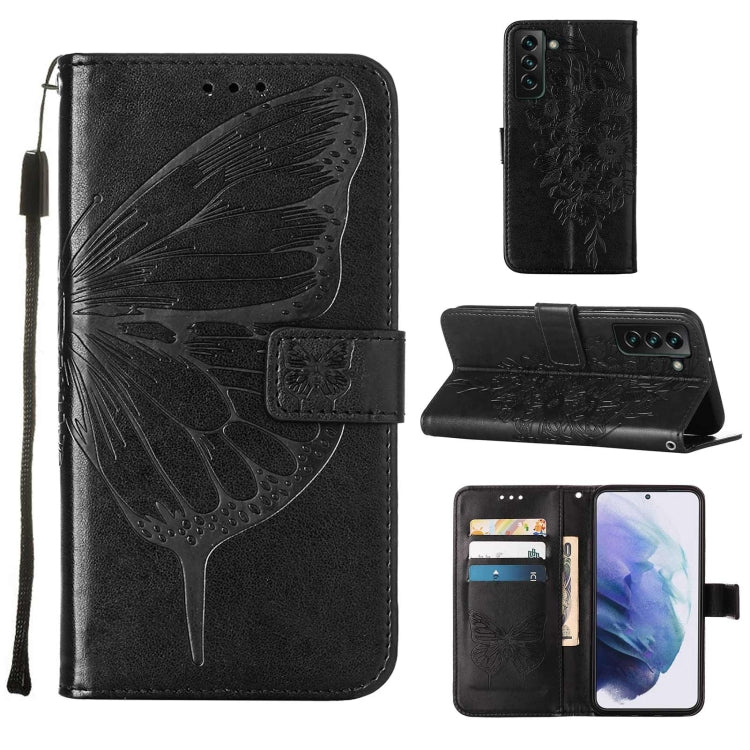 For Samsung Galaxy S22+ 5G Embossed Butterfly Leather Phone Case with Holder & Card Slot & Wallet & Lanyard