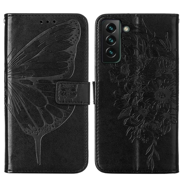 For Samsung Galaxy S22+ 5G Embossed Butterfly Leather Phone Case with Holder & Card Slot & Wallet & Lanyard
