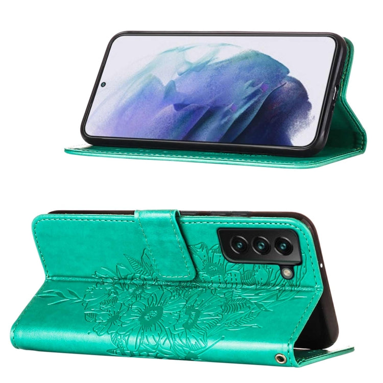 For Samsung Galaxy S22+ 5G Embossed Butterfly Leather Phone Case with Holder & Card Slot & Wallet & Lanyard