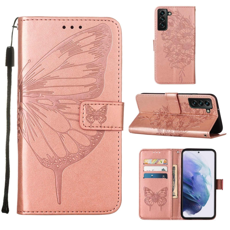 For Samsung Galaxy S22+ 5G Embossed Butterfly Leather Phone Case with Holder & Card Slot & Wallet & Lanyard