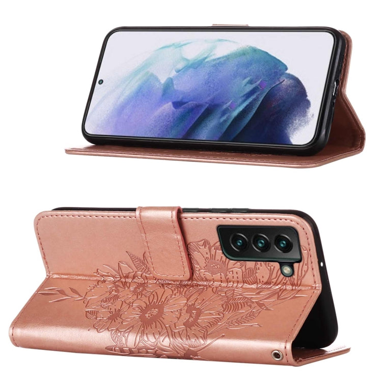 For Samsung Galaxy S22+ 5G Embossed Butterfly Leather Phone Case with Holder & Card Slot & Wallet & Lanyard