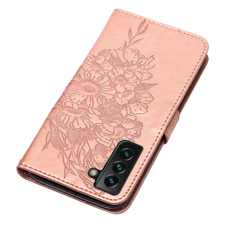 For Samsung Galaxy S22+ 5G Embossed Butterfly Leather Phone Case with Holder & Card Slot & Wallet & Lanyard