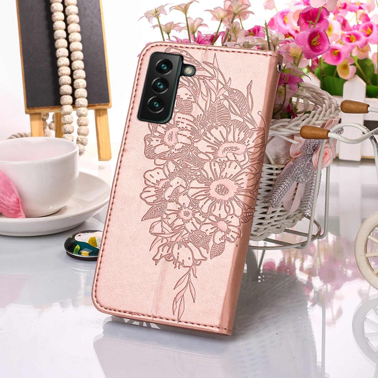 For Samsung Galaxy S22+ 5G Embossed Butterfly Leather Phone Case with Holder & Card Slot & Wallet & Lanyard