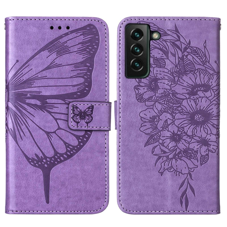 For Samsung Galaxy S22+ 5G Embossed Butterfly Leather Phone Case with Holder & Card Slot & Wallet & Lanyard