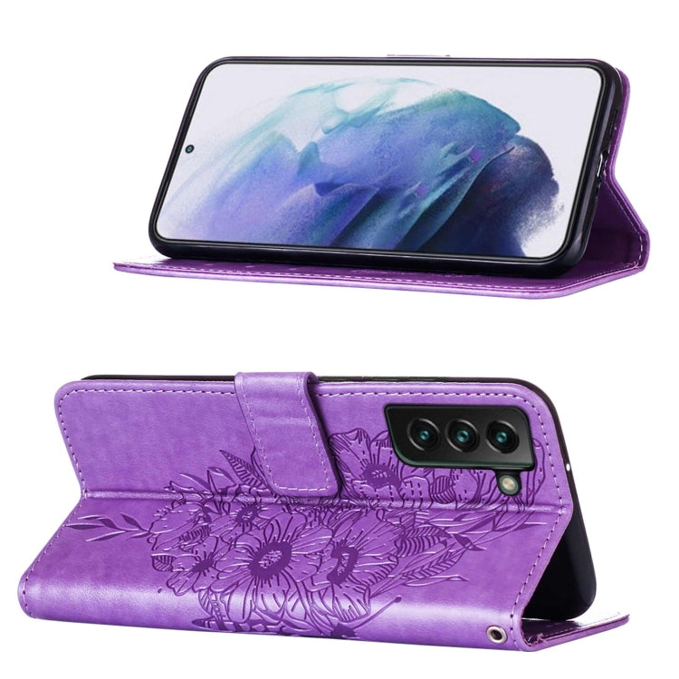 For Samsung Galaxy S22+ 5G Embossed Butterfly Leather Phone Case with Holder & Card Slot & Wallet & Lanyard