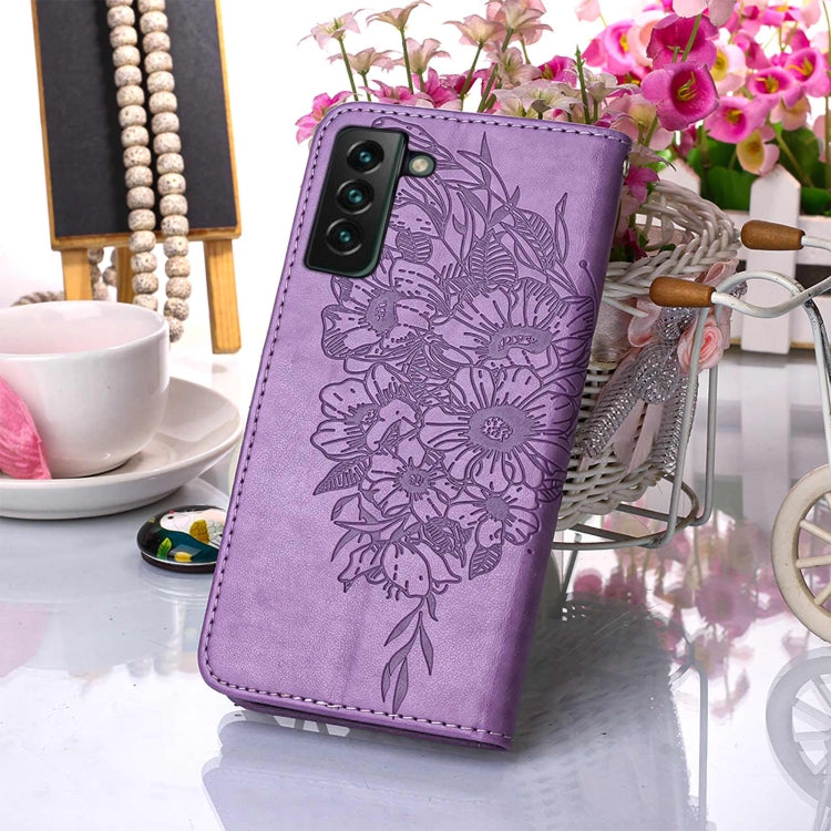 For Samsung Galaxy S22+ 5G Embossed Butterfly Leather Phone Case with Holder & Card Slot & Wallet & Lanyard