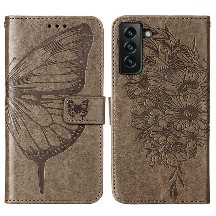 For Samsung Galaxy S22+ 5G Embossed Butterfly Leather Phone Case with Holder & Card Slot & Wallet & Lanyard