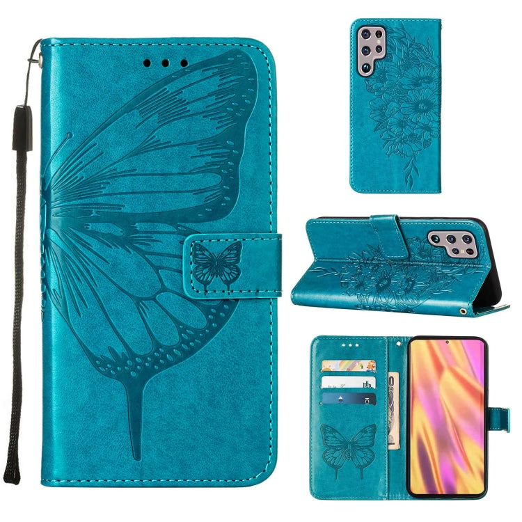 For Samsung Galaxy S22 Ultra 5G Embossed Butterfly Leather Phone Case with Holder & Card Slot & Wallet & Lanyard
