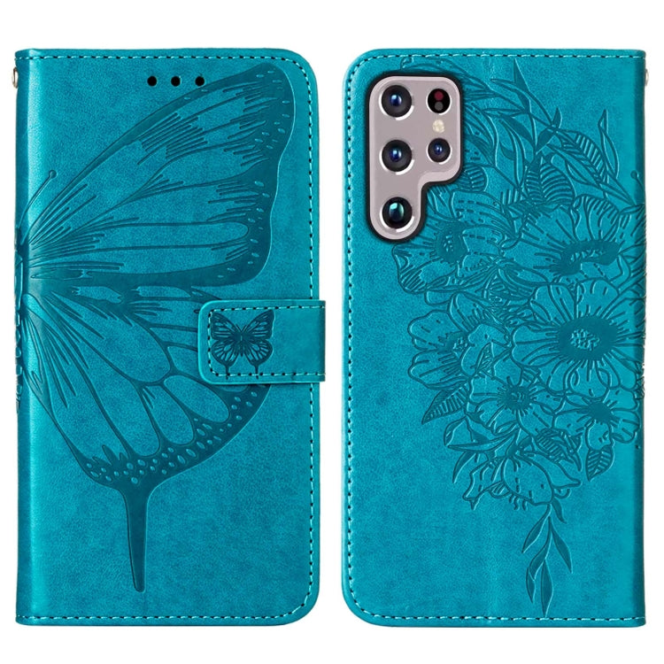 For Samsung Galaxy S22 Ultra 5G Embossed Butterfly Leather Phone Case with Holder & Card Slot & Wallet & Lanyard