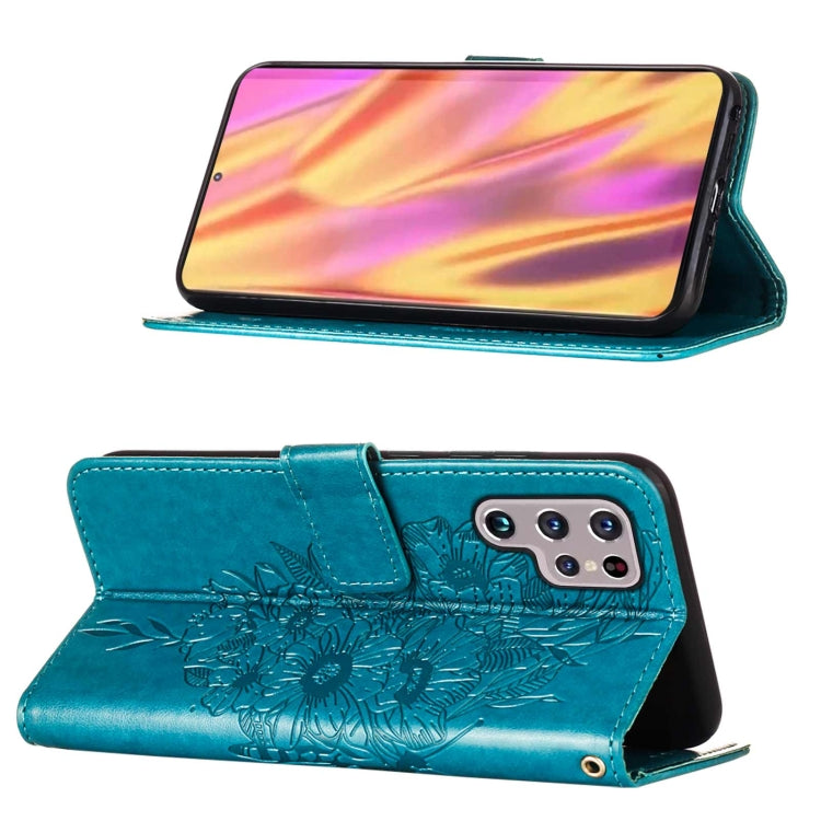 For Samsung Galaxy S22 Ultra 5G Embossed Butterfly Leather Phone Case with Holder & Card Slot & Wallet & Lanyard