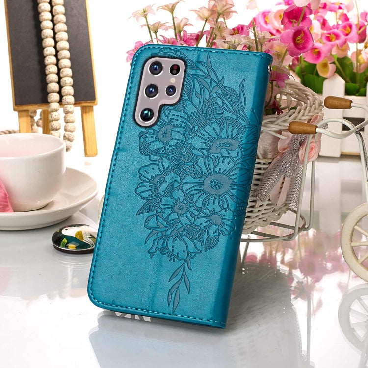 For Samsung Galaxy S22 Ultra 5G Embossed Butterfly Leather Phone Case with Holder & Card Slot & Wallet & Lanyard