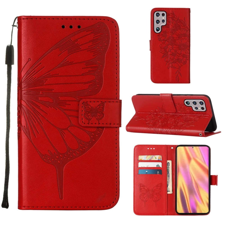For Samsung Galaxy S22 Ultra 5G Embossed Butterfly Leather Phone Case with Holder & Card Slot & Wallet & Lanyard