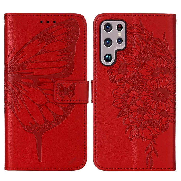 For Samsung Galaxy S22 Ultra 5G Embossed Butterfly Leather Phone Case with Holder & Card Slot & Wallet & Lanyard