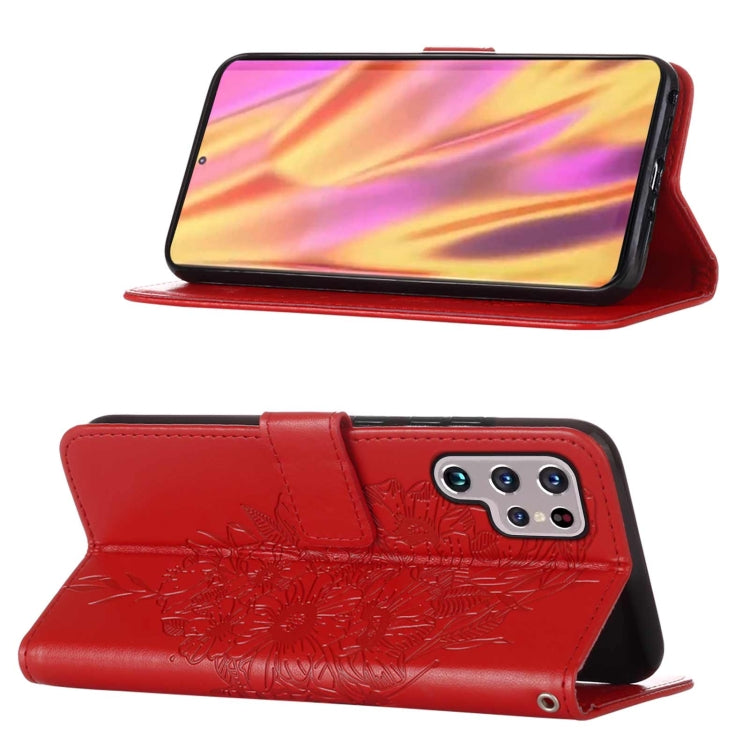 For Samsung Galaxy S22 Ultra 5G Embossed Butterfly Leather Phone Case with Holder & Card Slot & Wallet & Lanyard