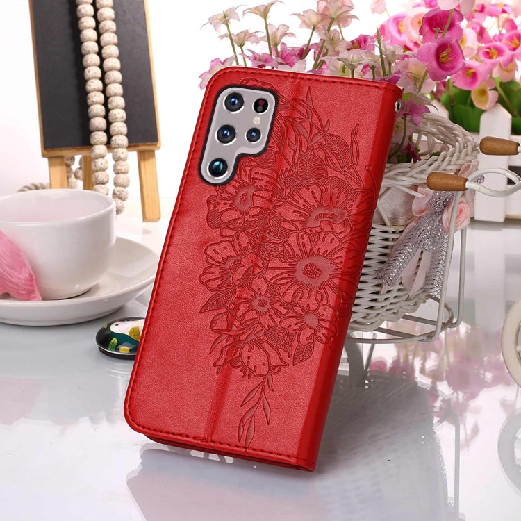 For Samsung Galaxy S22 Ultra 5G Embossed Butterfly Leather Phone Case with Holder & Card Slot & Wallet & Lanyard