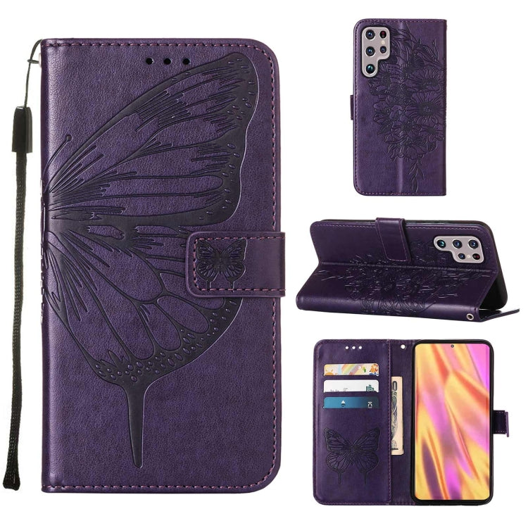 For Samsung Galaxy S22 Ultra 5G Embossed Butterfly Leather Phone Case with Holder & Card Slot & Wallet & Lanyard