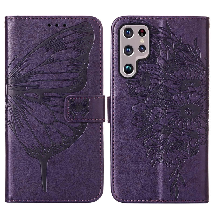 For Samsung Galaxy S22 Ultra 5G Embossed Butterfly Leather Phone Case with Holder & Card Slot & Wallet & Lanyard